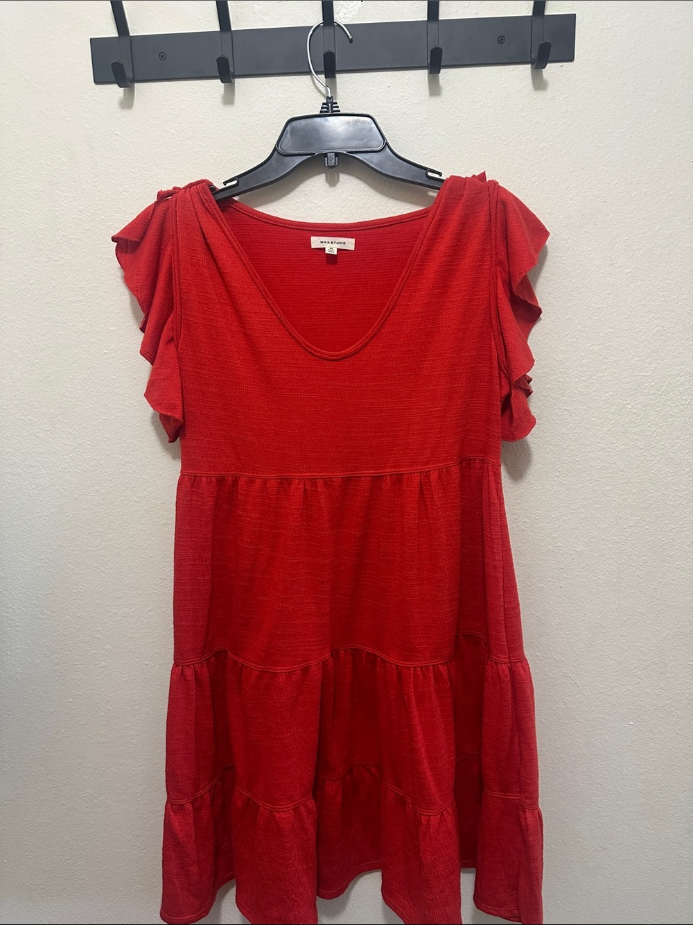 Max Studio Red Tiered Ruffle Sleeve Knit Dress